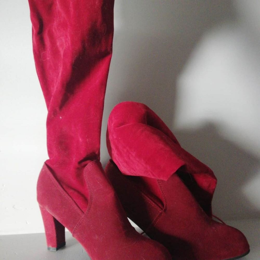 Red thigh high boots